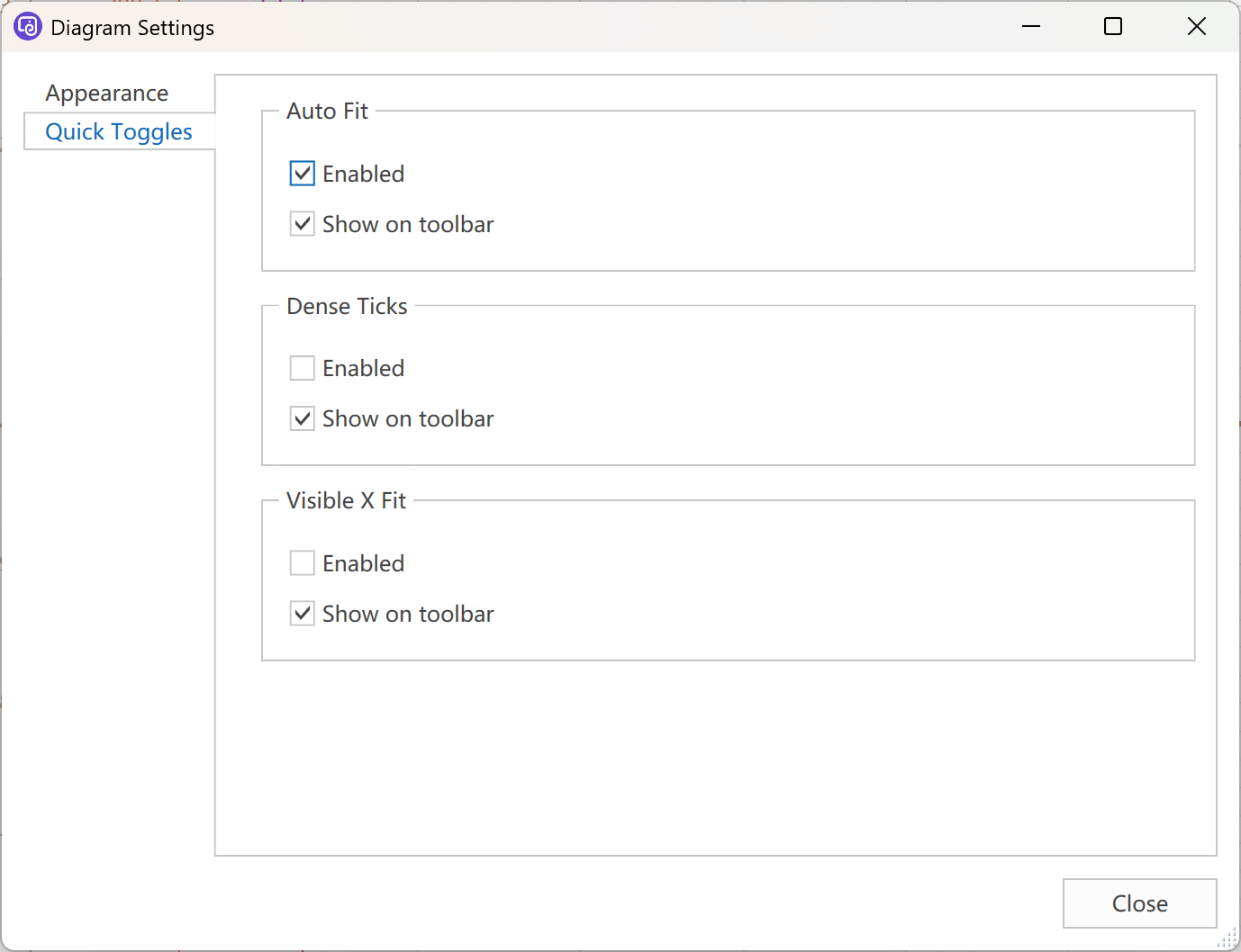 Diagram Settings Quick Toggles tab
